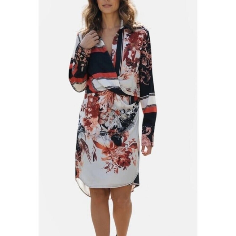 WFFS Floral & Chain Print Draped Mini Dress | Long Sleeve Wrap Front